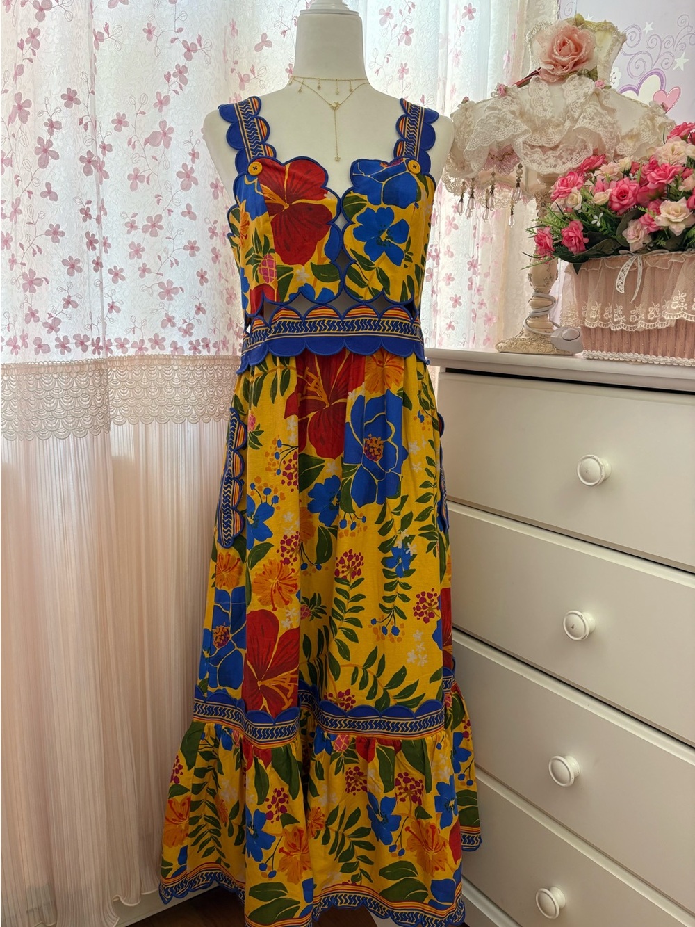 Farm Rio Cutout Floral Print Linen Blend Midi Dress - Picture 2 of 7